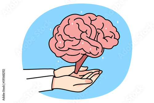 Person hand hold brain explore human body organ. Doctor or neurologist work on neurology mind issues. Neuroscience and healthcare concept. Flat vector illustration.