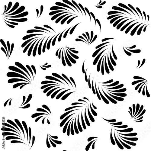 Seamless vector palm leaves pattern from petals. Hand-drawn black drops petals shape. Vector black and white background for wallpaper, poster, web and packaging