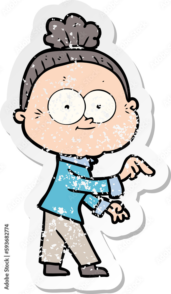 distressed sticker of a cartoon happy old woman distressed sticker of a cartoon happy old woman