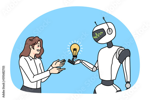 Robot give lightbulb to female employee offer productive business solution. Virtual assistant or cyborg help businesswoman with innovative idea or startup project. Innovation. Vector illustration.