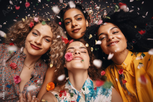 Group of diverse women celebrating in confetti, Generative AI