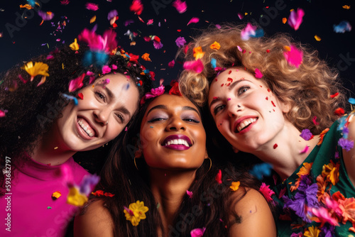 Group of diverse women celebrating in confetti, Generative AI