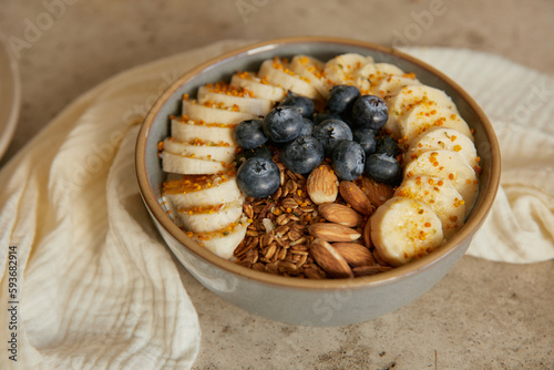 Healthy banana-berrie brakfast bowl photo