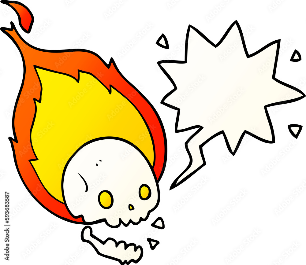 spooky cartoon flaming skull and speech bubble in smooth gradient style