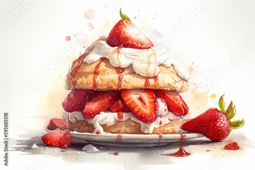 Obraz na plátne Strawberry shortcake with cream on white background
