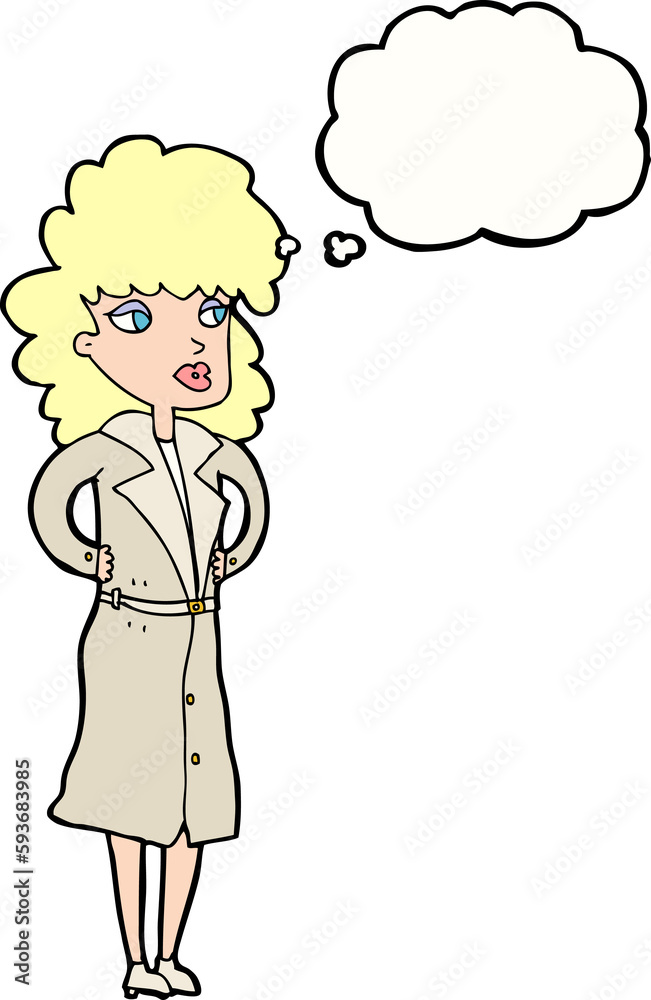 cartoon woman in trench coat with thought bubble cartoon woman in trench coat with thought bubble