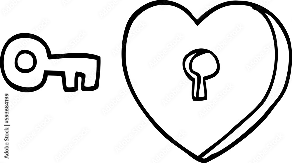 line drawing cartoon heart and key line drawing cartoon heart and key