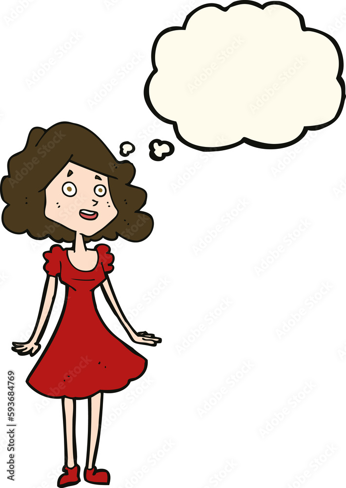 cartoon happy woman in dress with thought bubble cartoon happy woman in dress with thought bubble