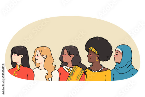 Diverse women of different nationalities in traditional clothes side profile view. Multiethnic females show world diversity and equality. Ethnicity concept. Feminist movement. Vector illustration.