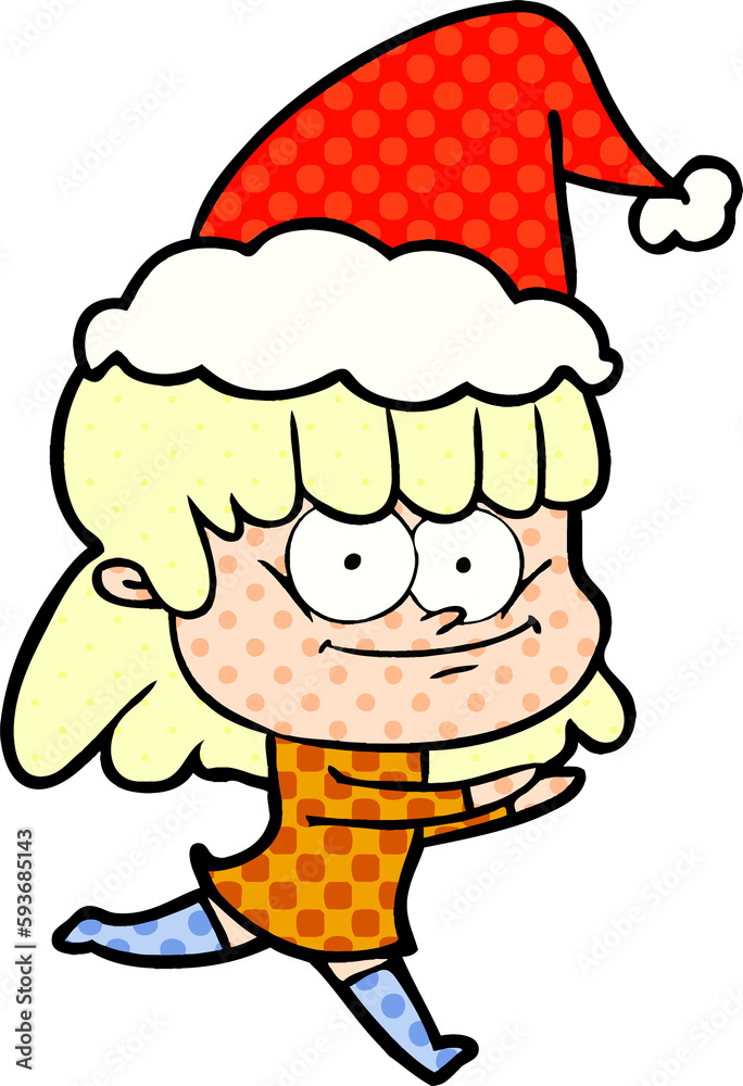 comic book style illustration of a smiling woman wearing santa hat comic book style illustration of a smiling woman wearing santa hat
