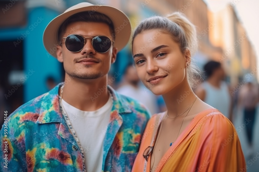 sunshine in old town, couple or friends together in free time in side street with other people, young adult man and woman or teenager. Generative AI sunshine in old town, couple or friends together in free time in side street with other people, young adult man and woman or teenager. Generative AI