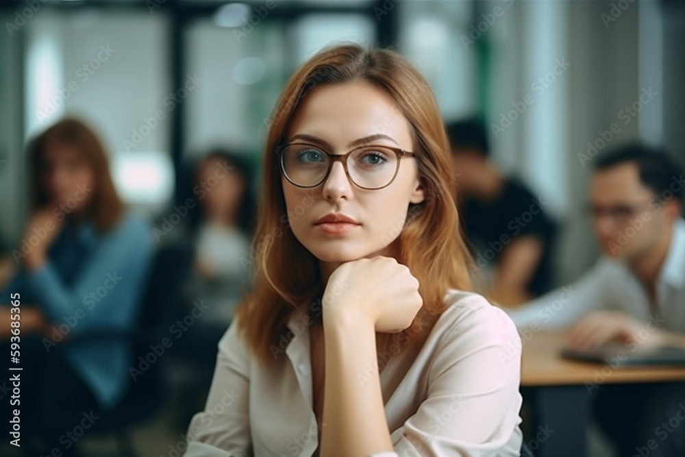 thoughtful or waiting woman in the office. Generative AI