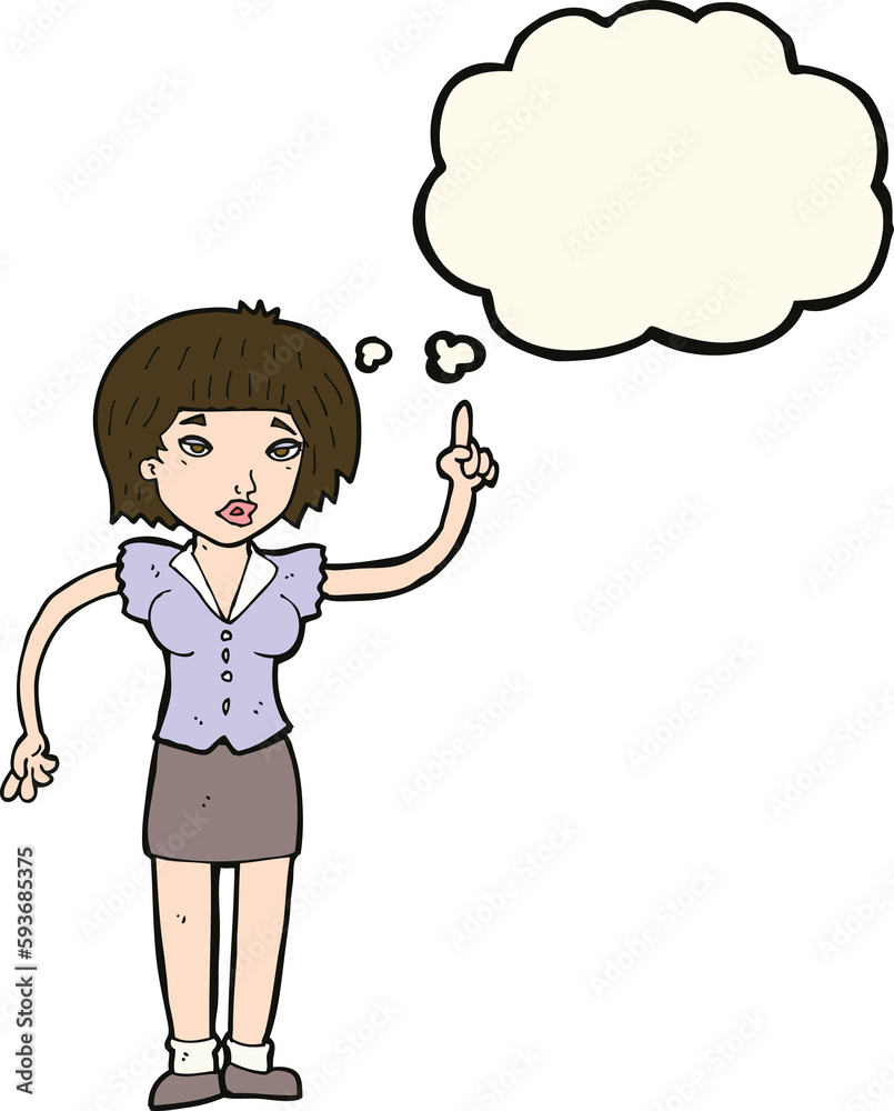cartoon woman with idea with thought bubble cartoon woman with idea with thought bubble