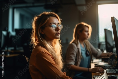 woman in a office, young adult woman or teenager. Generative AI