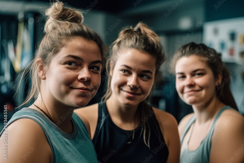 three female friends, young woman or teenager in row, happy joyful smile, fitness or gym or yoga, sports together in group. Generative AI