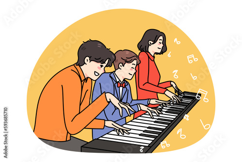 Happy family with son have fun playing one piano together. Smiling parents and kid enjoy weekend involved in music improvisation. Musician hobby and entertainment. Vector illustration.