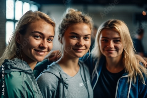 three female friends, young woman or teenager in row, happy joyful smile, fitness or gym or yoga, sports together in group. Generative AI © wetzkaz