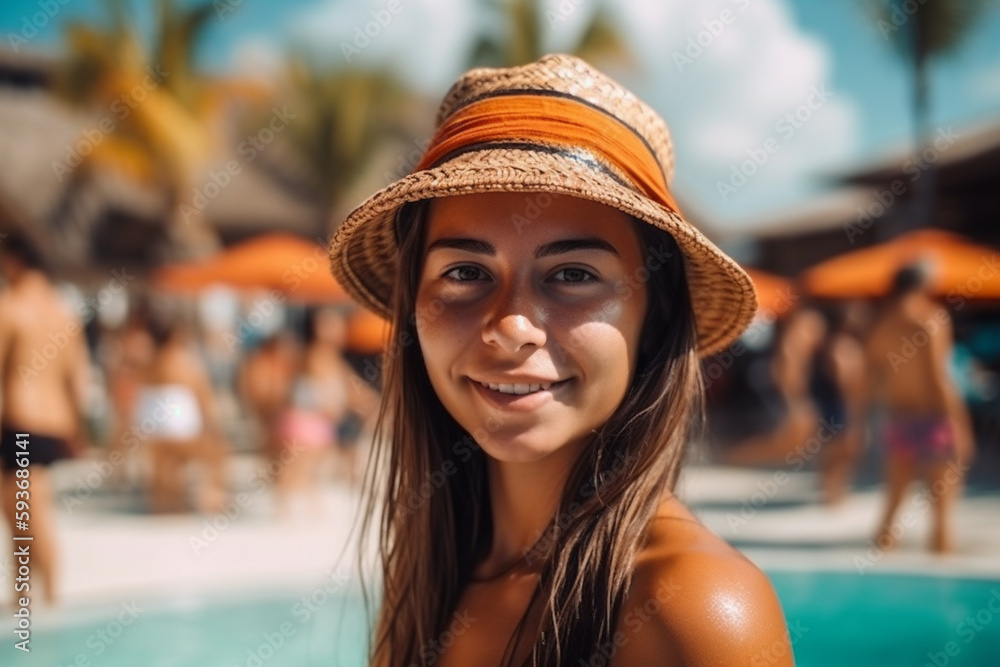 young adult woman or teenager, contentment and joy and fun on vacation at a swimming pool, fictional place. Generative AI