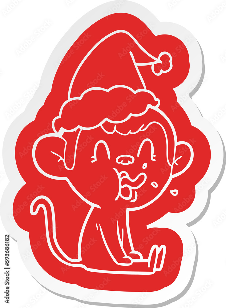 crazy cartoon sticker of a monkey sitting wearing santa hat crazy cartoon sticker of a monkey sitting wearing santa hat