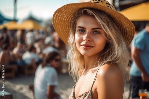 young adult woman or teenager, blonde slim, contentment and joy and fun on vacation on sandy beach, fictional place. Generative AI