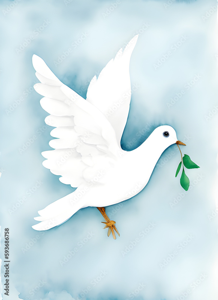 watercolor painted dove of peace with a green branch on a blue background, generative ai watercolor painted dove of peace with a green branch on a blue background, generative ai