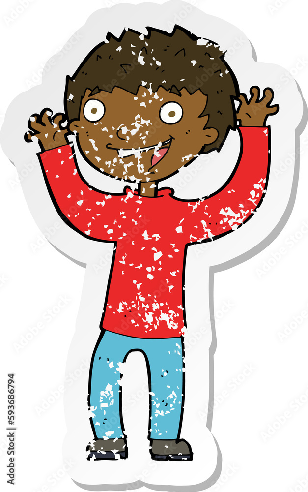 retro distressed sticker of a cartoon excited boy retro distressed sticker of a cartoon excited boy