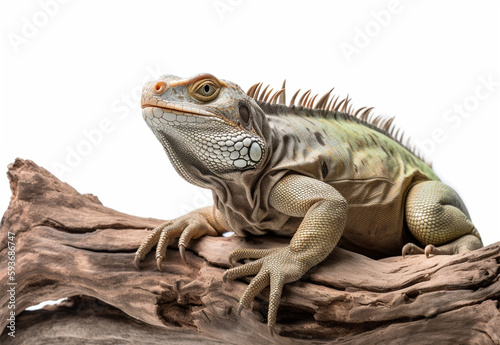 Detailed studio portrait of iguana on a tree branch  isolated on white background  generative ai