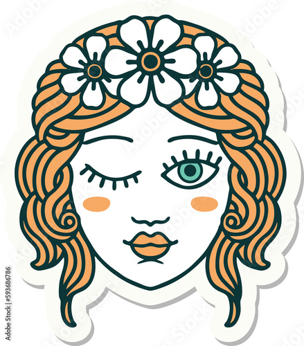 tattoo style sticker of a maidens face winking