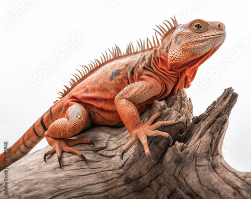 Detailed studio portrait of a red iguana on a tree branch  isolated on a white background  generative ai