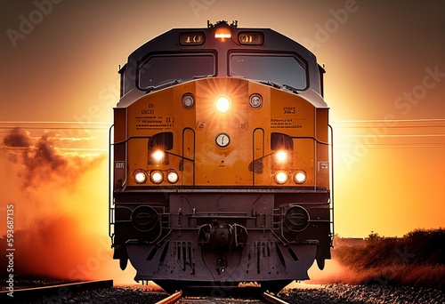 Power efficient locomotive at front view in the railway illustration. AI generative. photo