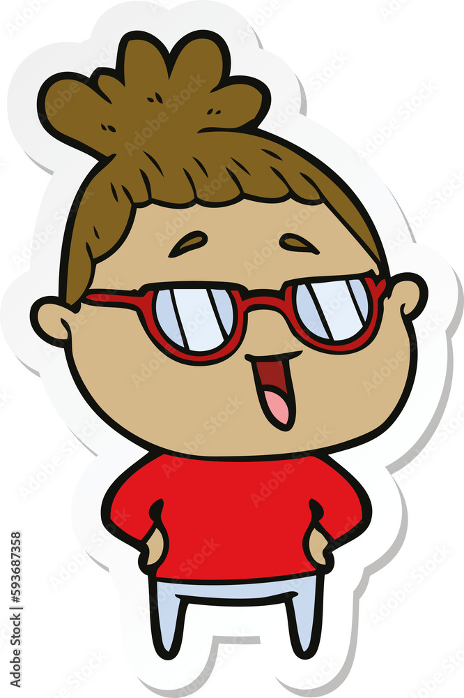 sticker of a cartoon happy woman wearing spectacles