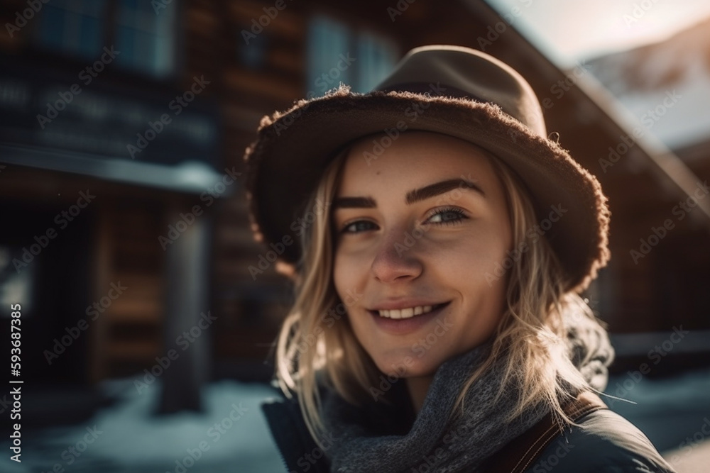 blonde woman smiling, outdoor winter, fictitious place like mountains or ski resort. Generative AI blonde woman smiling, outdoor winter, fictitious place like mountains or ski resort. Generative AI