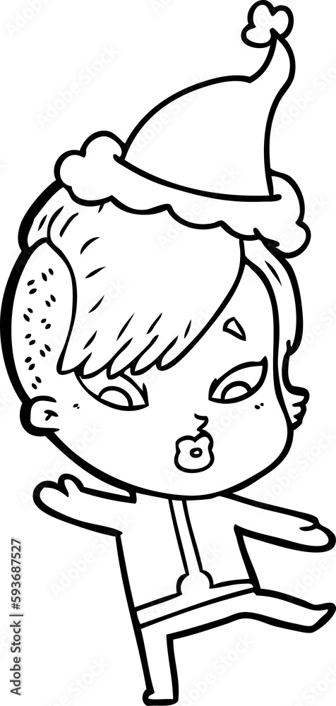 line drawing of a surprised girl in science fiction clothes wearing santa hat