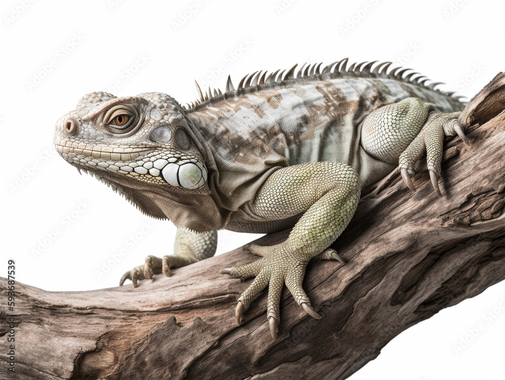 Detailed studio portrait of iguana on a tree branch, isolated on white background, generative ai