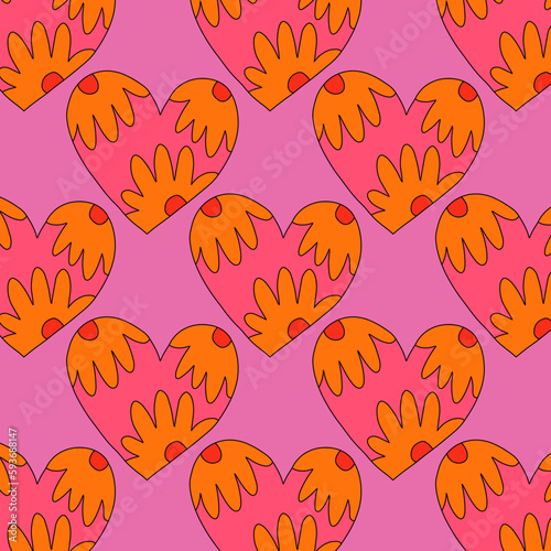 1970 psychedelic seamless pattern. 1970s good vibes hearts ornament. 1960 retro Valentine. Hippie peace and love. Funky and groove card. Trippy art.Hippie wallpaper background poster	