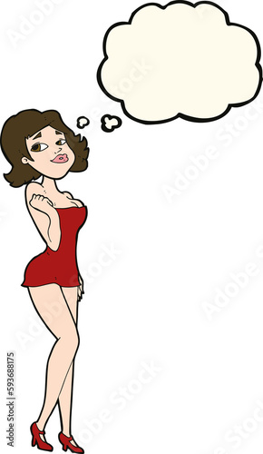 cartoon attractive woman in short dress with thought bubble