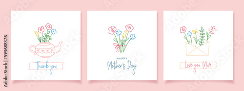 Happy Mother's Day. Set of greeting cards with colorful cute flowers on white background. Line art. Stylized lineart flat vector illustration.
