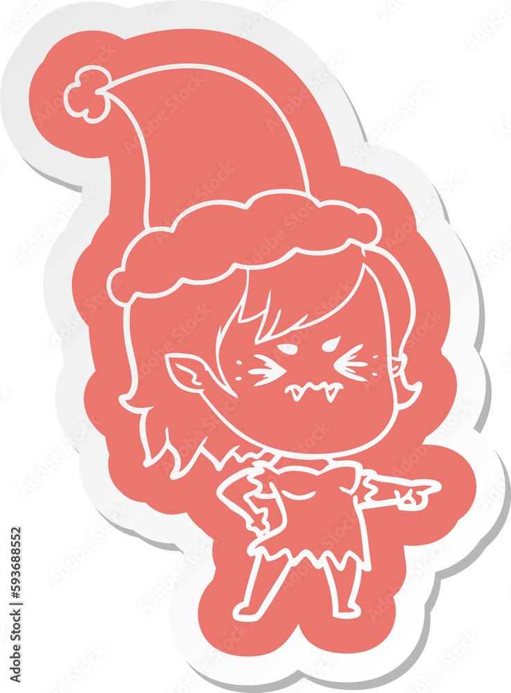Fototapeta premium annoyed cartoon sticker of a vampire girl wearing santa hat