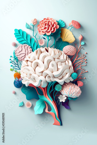 Human brain with spring colorful flowers. Concept of mental health, self care, happiness, harmony, positive thinking, creative mind. Generative ai.