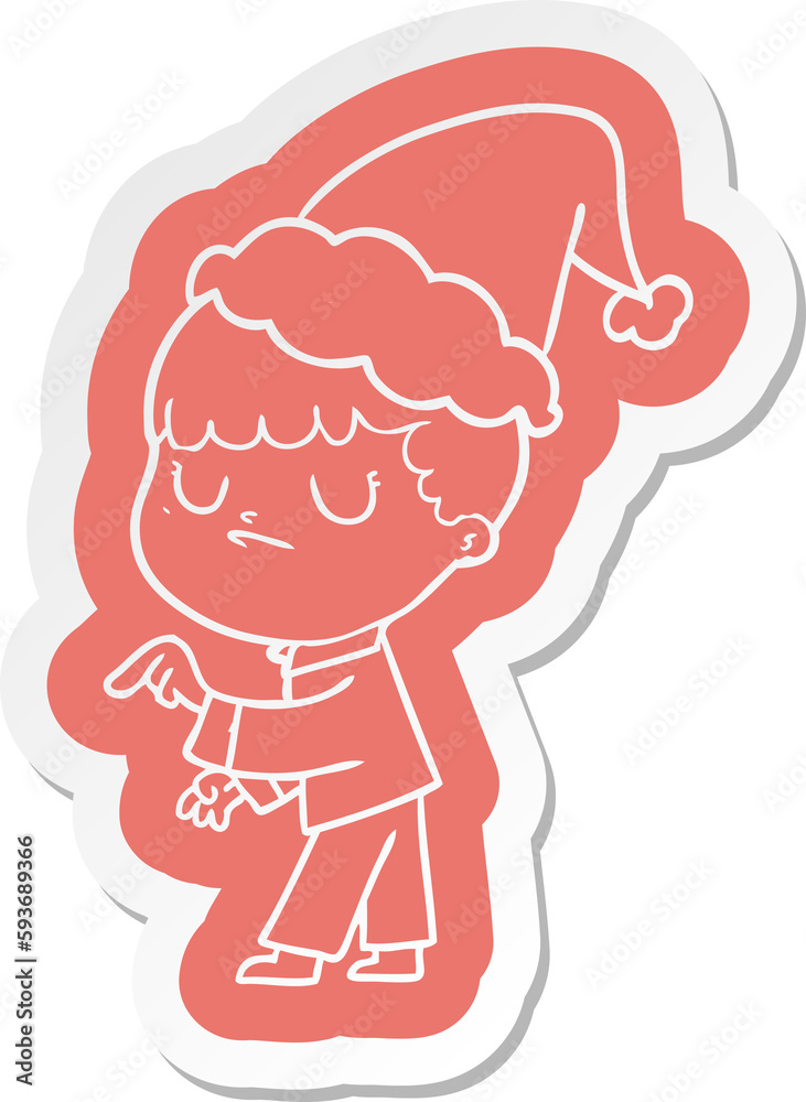 cartoon sticker of a grumpy boy wearing santa hat cartoon sticker of a grumpy boy wearing santa hat