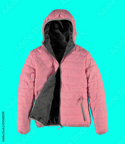 Rose warm quilted jacket with a hood. Bomber jacket on a blue  background. Isolated image. Photo on a mannequin. photo