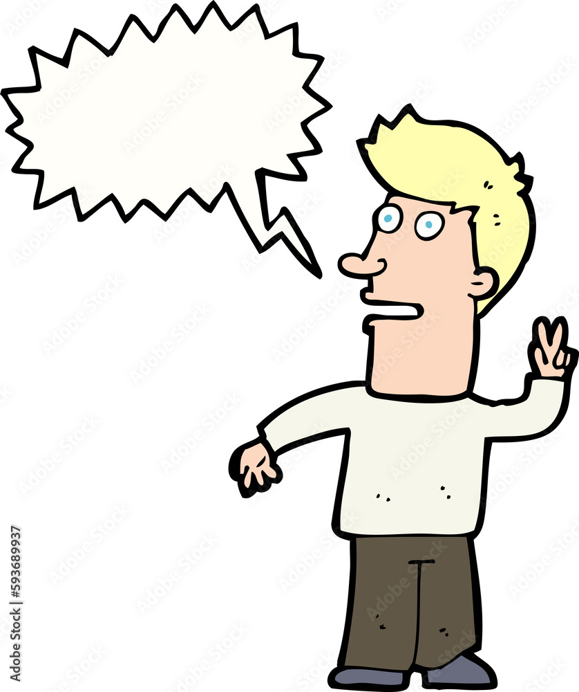 cartoon man making peace sign with speech bubble cartoon man making peace sign with speech bubble