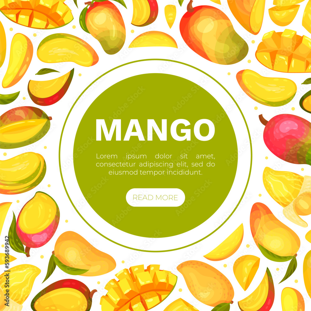 Ripe Mango Banner Design with Bright Tropical Fruit Vector Template