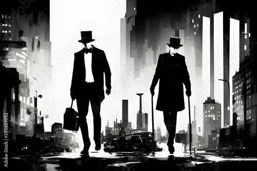 Obraz na plátně Poster Noir vampires mafia and american city in noir style, black red and white