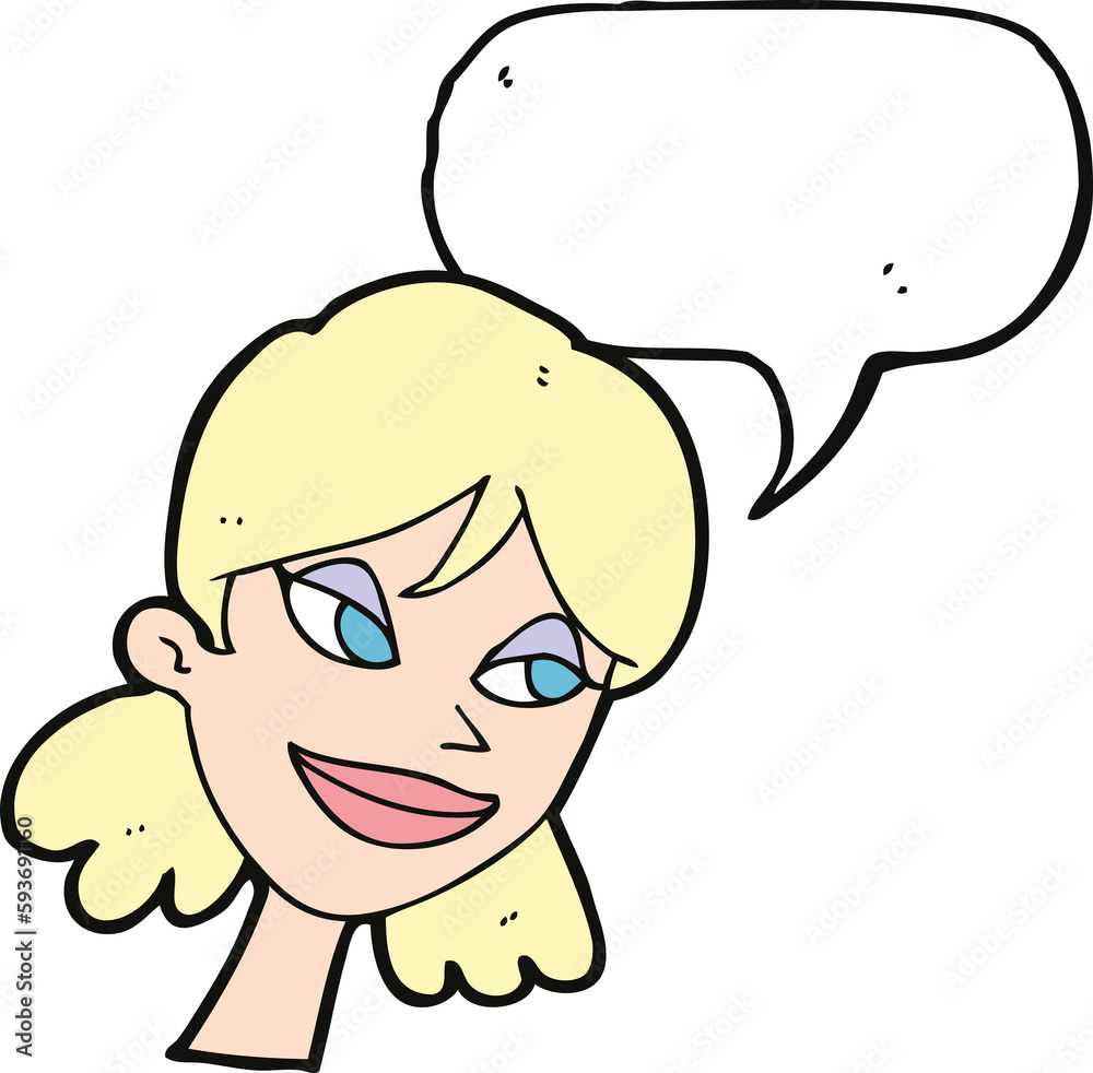 cartoon happy female face with speech bubble