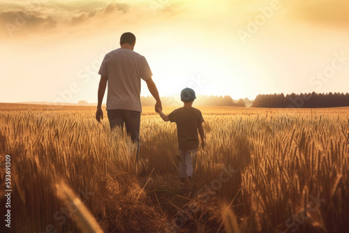father and son walk hand in hand through a wheat field at sunset. Generative AI