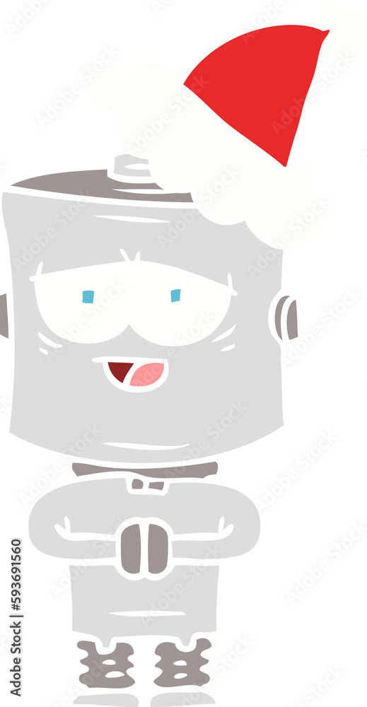 flat color illustration of a robot wearing santa hat