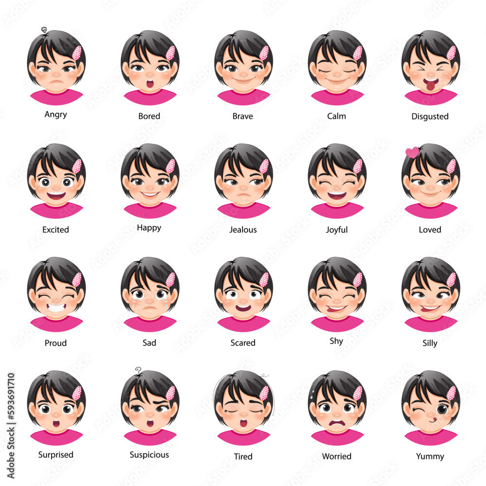 Set of different facial expressions a little girl character. Collection of young woman feelings. Cute girl emoji with various emotions. Asian girl portrait vector Set of different facial expressions a little girl character. Collection of young woman feelings. Cute girl emoji with various emotions. Asian girl portrait vector