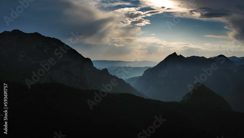 Aerial view of beautiful sunset in the smoky mountains. National park Sutjeska in Bosnia and Herzegovina, 4k photo