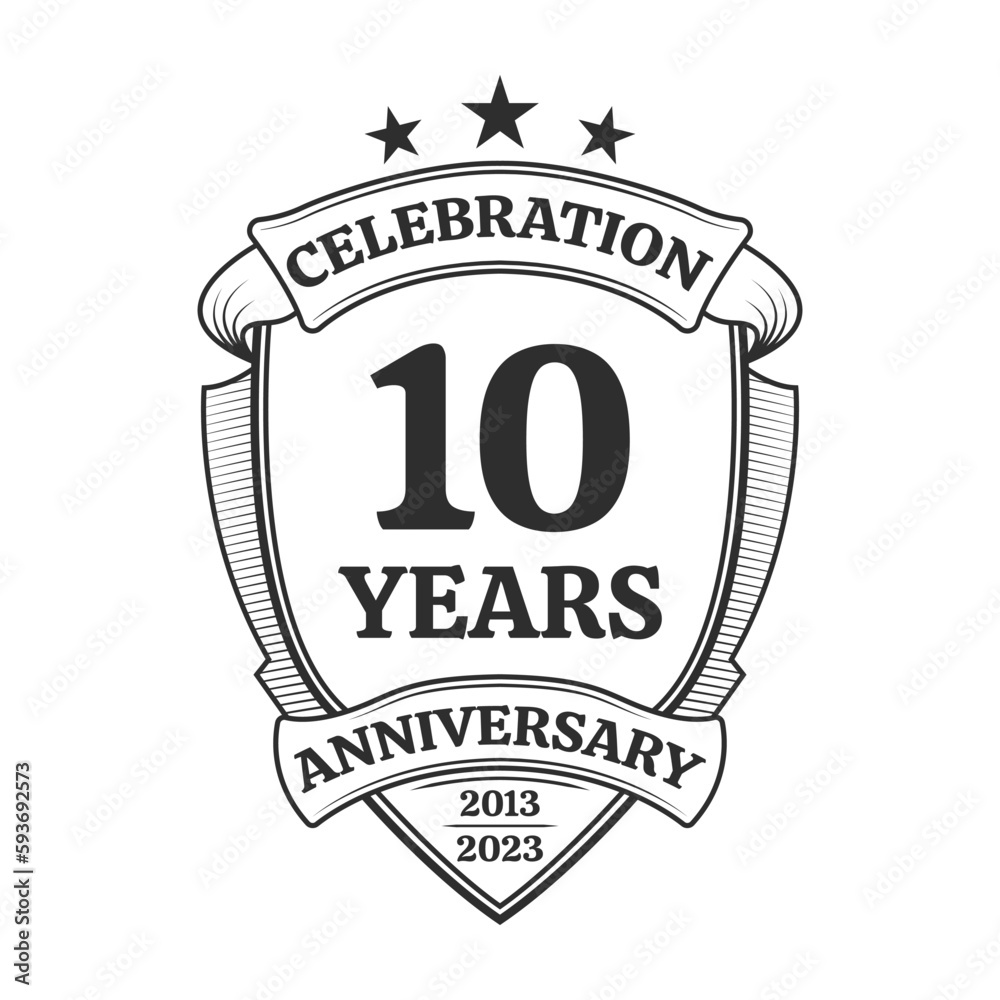 Obraz premium 10 years anniversary icon or logo. 10th yubilee celebration, business company birthday badge or label. Vintage banner with shield and ribbon. Wedding, invitation design element. Vector illustration.